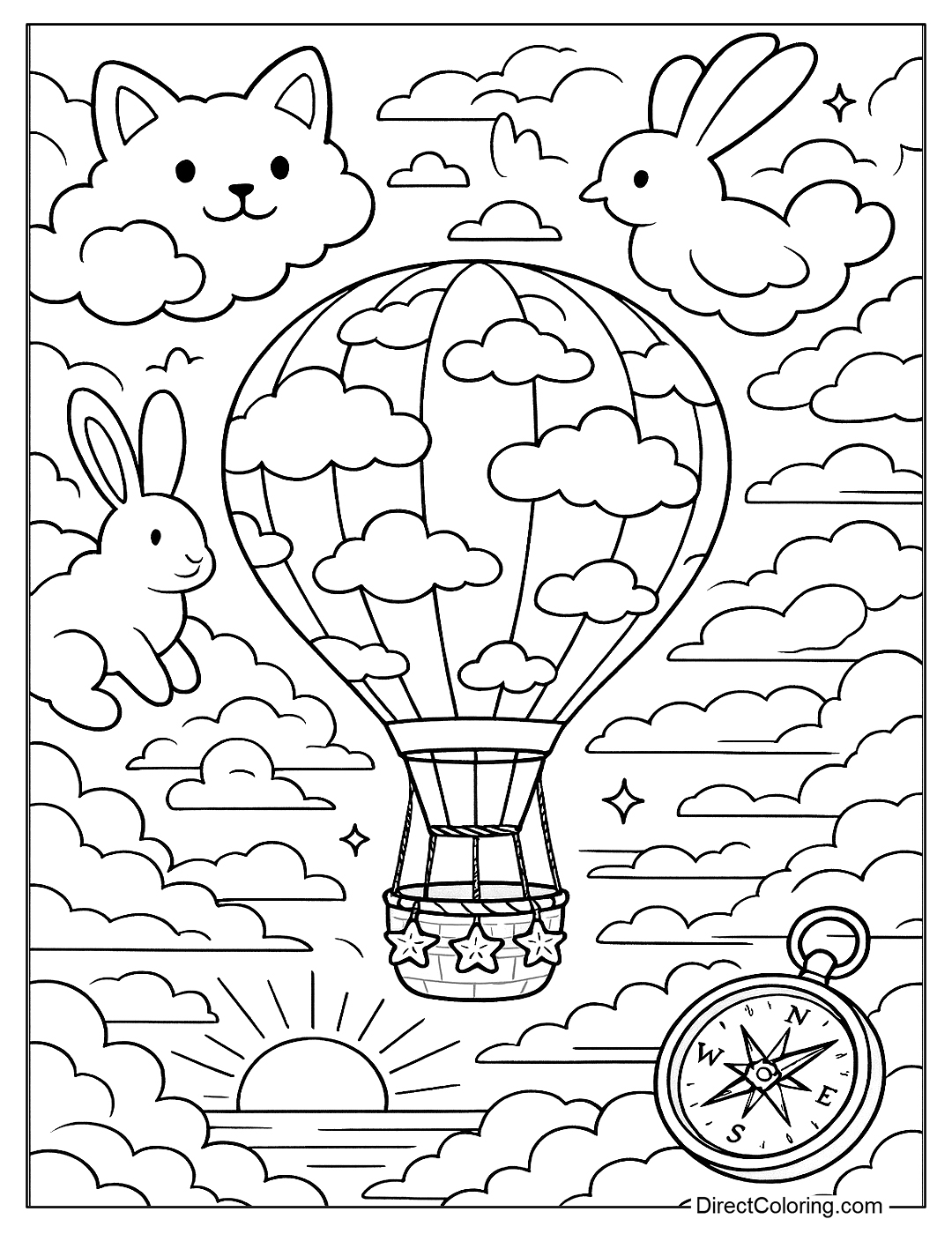 hot air balloon clouds flying through the sunset sky, containing cloud animals coloring book
